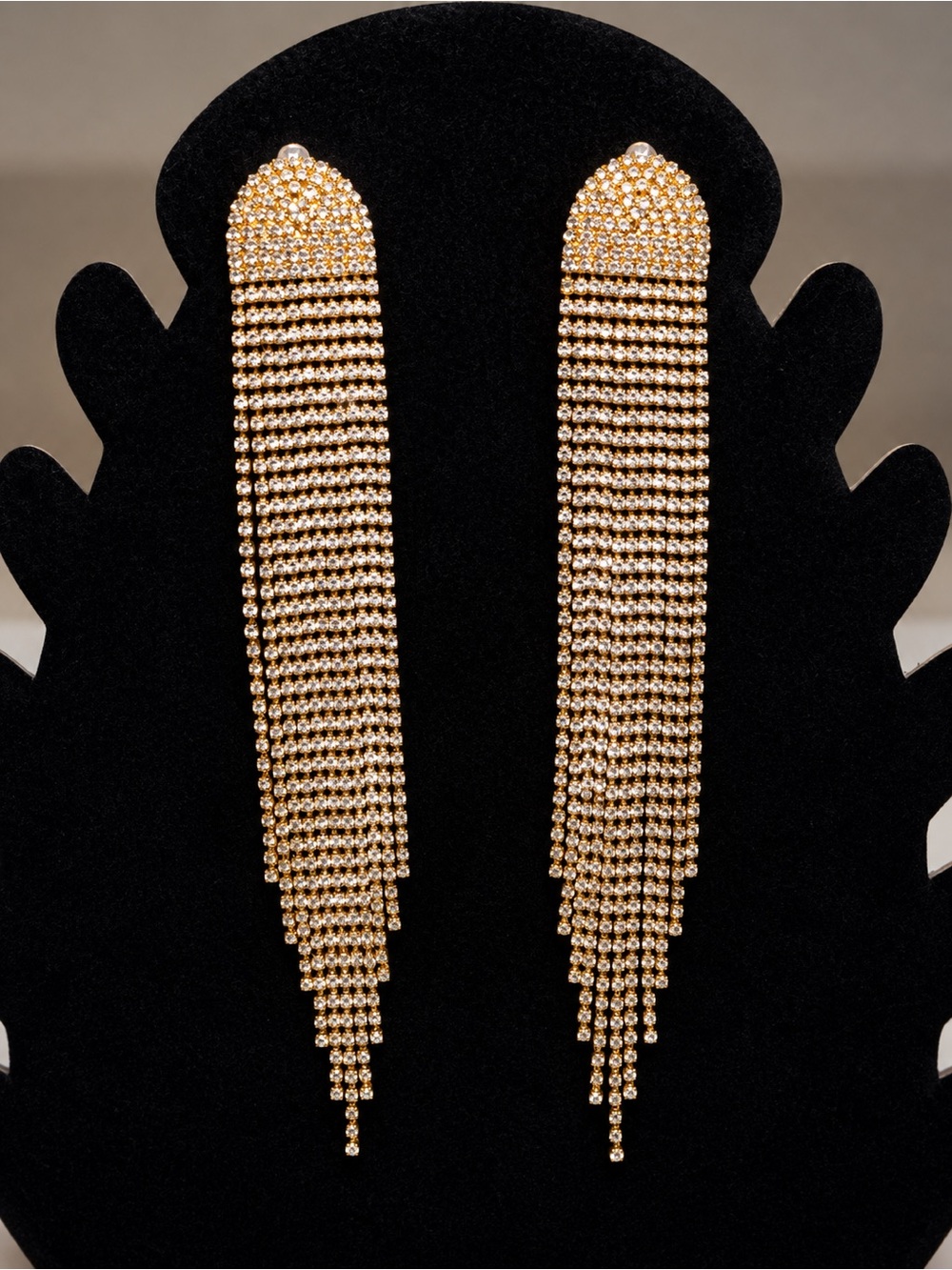 Gold Rhinestone Long Tassel Statement Earrings